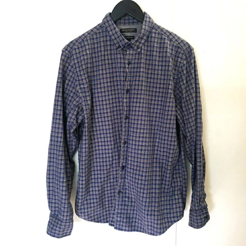 Banana Republic Luxe Flannel Camden Fit Blue Plaid Button Up Long Sleeve Sz L